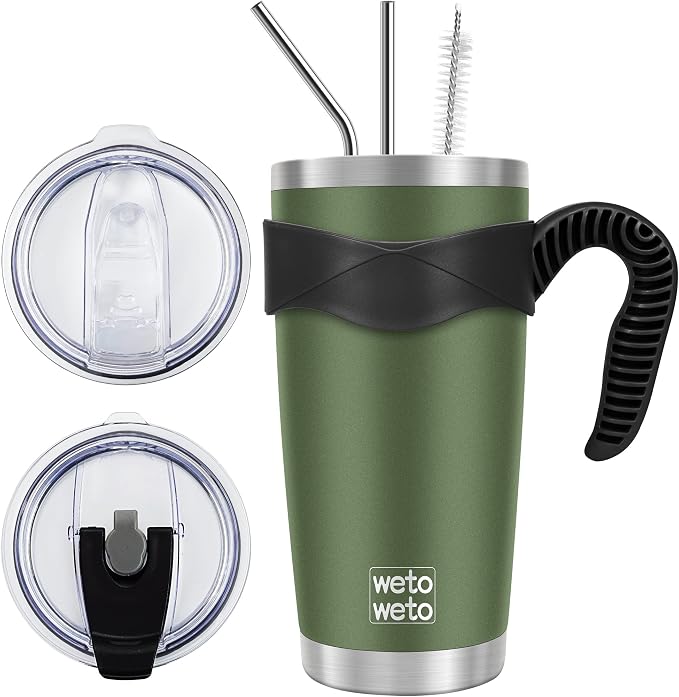 WETOWETO 20oz Insulated Stainless Steel Tumbler, Coffee Tumbler with 2 Lids and 2 Straws, Double Wall Vacuum Travel Coffee Mug, Powder Coated Leak-Proof Cup for Travel (Army Green, 1 Pack) by Wetoweto