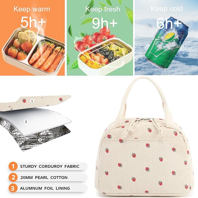 Bluboon Lunch Bag for Women Men Cute Corduroy Lunch Tote Bags Reusable - Image 6