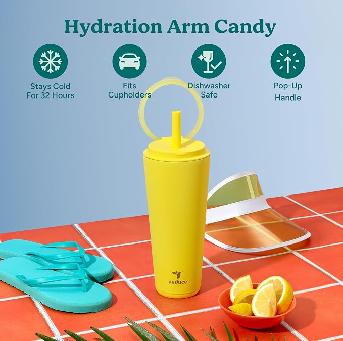 REDUCE Halo 32 oz Stainless Steel Vacuum Insulated Tumbler - Spill Proof Travel Mug with Flip Handle Lid - Keeps Drinks Cold for 32 Hrs - Dishwasher Safe - Cupholder Friendly - Pina Colada - Image 2
