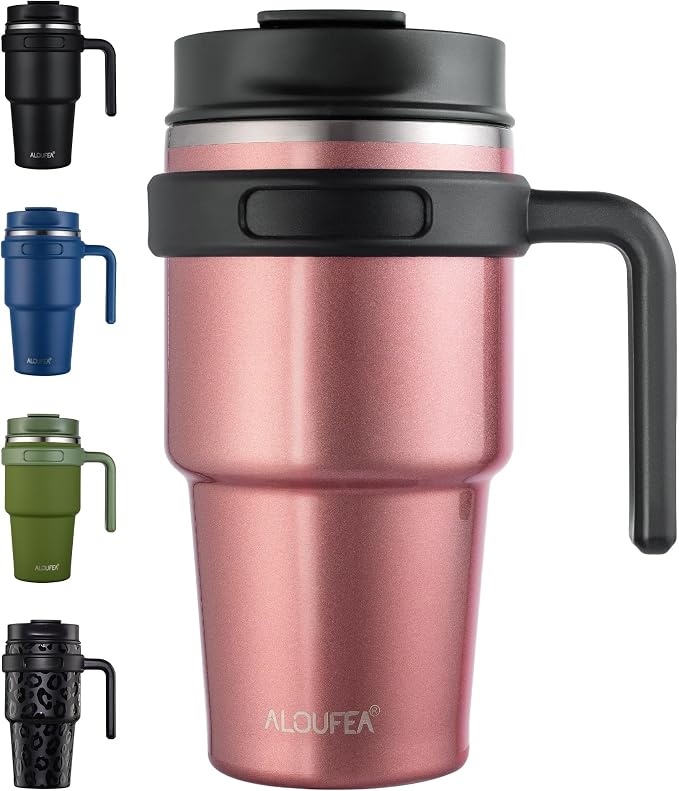 ALOUFEA 20 oz Insulated Coffee Mug Tumbler with Handle, Stainless Steel Travel Mug Tumbler with Lid and Straw,Double Wall Vacuum Leak Proof Ice Coffee Thermal Cup, Rose Gold by ALOUFEA