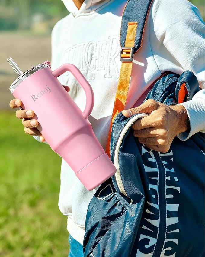 Renoj Insulated Mug 100% Leak Proof Insulated Water Bottle for Iced Coffee & Hot Drinks - Fits Car Cup Holder, Ideal Gift, 2 Straws & Silicone Boot - SnapShift Green Gradient 40 oz - Image 3
