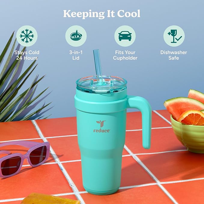 REDUCE 24 oz Stainless Steel Tumbler with Handle - Dual-Wall Vacuum Insulated Travel Mug, Sweat-Proof Lid & Reusable Straw - Keeps Drinks Cold for 24 Hrs, Fits Cupholders, Dishwasher Safe - Mojito - Image 3