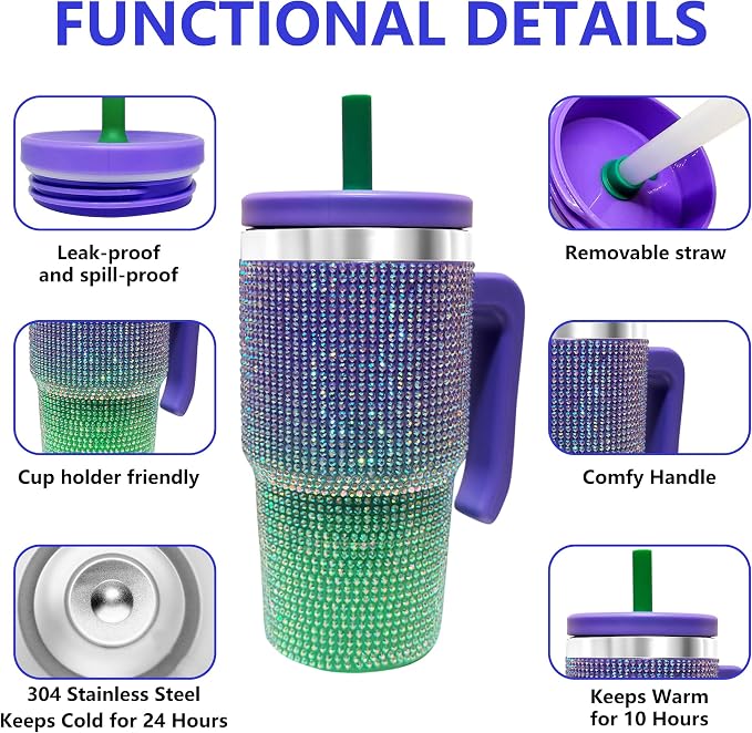 20-OZ Insulated Water Bottle,Insulated Stainless Steel Tumbler,Reusable Cold Drink Thermos,BPA-Free, Double-Wall Stainless Steel Water Bottle (Purple Green Gradient-Diamond, 20, Fluid Ounces) - Image 3