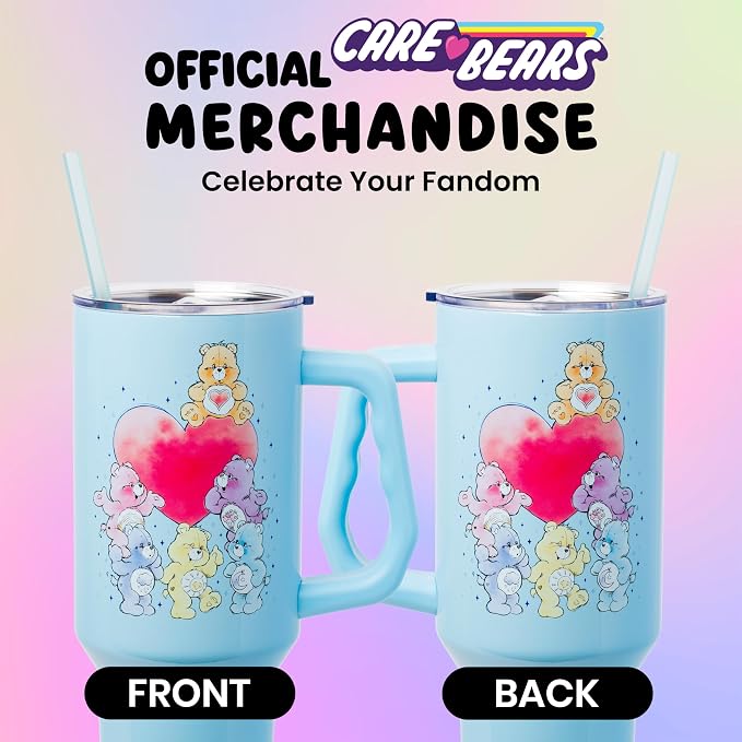 Silver Buffalo Care Bears Watercolor Featuring Tenderheart, Cheer, Grumpy, Funshine, Bedtime, Share Bear Double Walled Stainless Steel Tumbler w Handle & Straw, Fits in Standard Cup Holder, 40 Ounces - Image 5