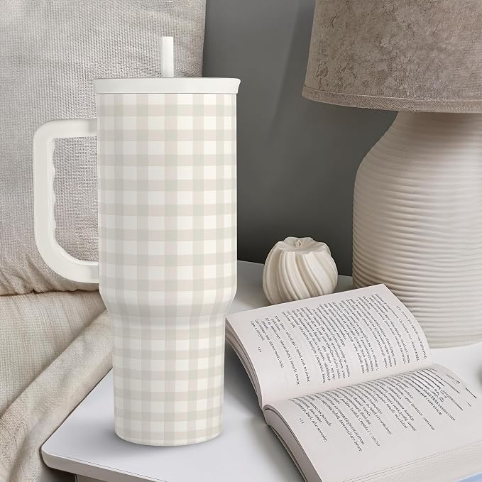 SANDJEST Grey Gingham 40oz Slider Tumbler with Handle and Straw - Insulated Stainless Steel Travel Coffee Mug for Women Girls, Gift for Birthday, Christmas - Image 7