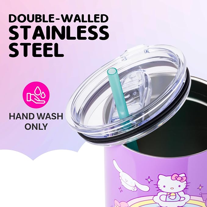 Silver Buffalo Sanrio Hello Kitty and Friends Featuring My Melody, Cinnamoroll, Kuromi, Chococat, Badtz-Maru, Keroppi, and Pompompurin Double Walled Stainless Steel Tumbler with Handle, 40 Ounces - Image 4