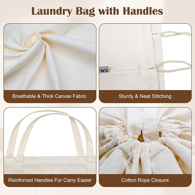 Canvas Laundry Bag with Handles & Drawstring 23.6"x35", Dirty Clothes Travel Bag - Image 5