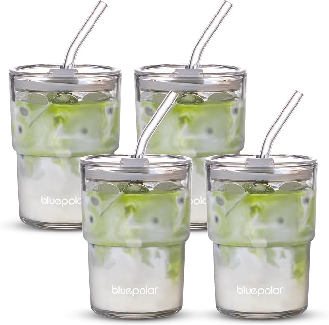 BLUEPOLAR 13oz/400ml Glass Water Tumbler with Straw and Lid Sealed Carry On Thick Wall Iced Coffee Cup Glass Cup for Water, Iced Tea Fruit Juice Etc (Aurora White-4Pack) by BLUEPOLAR