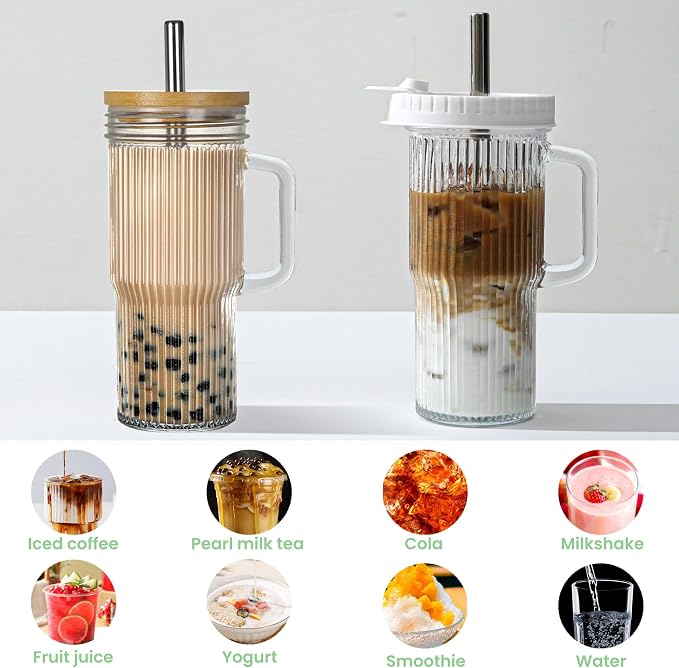 Birity 24oz Ribbed Glass Cup with Lids and Straws,2Pack Glass Tumbler with Handle,Reusable lced Coffee Cups with lids-Glass Cups with Lids,Mason Jar Cup for Smoothie,Coffee,Juice,Water,Tea,Travel Mug - Image 7