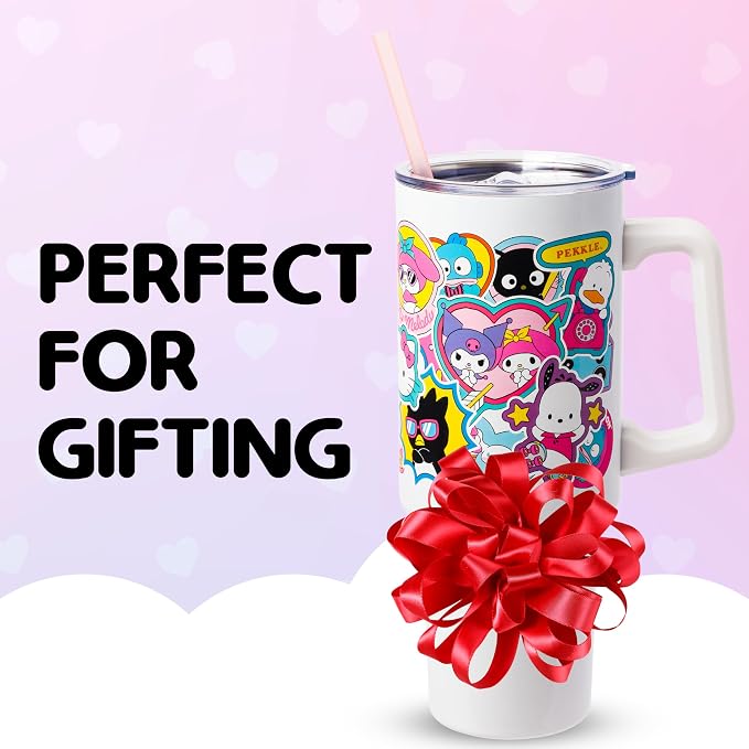 Silver Buffalo Sanrio Hello Kitty & Friends Cinnamoroll, Kuromi, Chococat, Badtz-Maru, Keroppi, Sticker Double Walled Stainless Steel Tumbler w Handle and Straw, Fits in Standard Cup Holder, 40 Ounces - Image 7