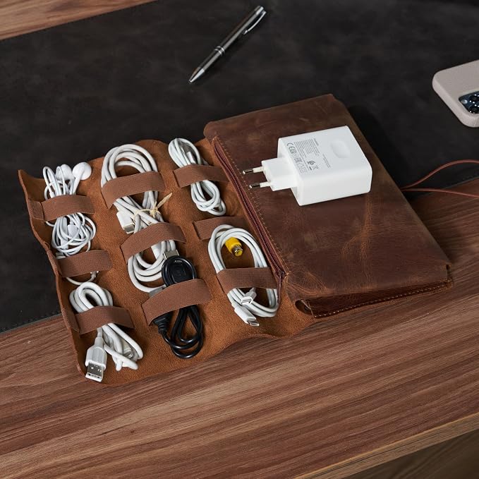 HARDISTON Custom Genuine Leather Electronic Cable Organizer Bag Handmade Travel - Image 2
