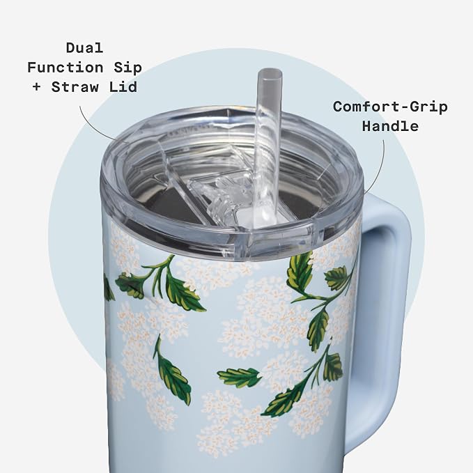 Corkcicle x Rifle Paper Co. Cruiser Insulated Tumbler with Handle & Straw - Keeps Drinks Cold 20 Hours - BPA-Free - 40 oz - Gift for Mom - Great for Mother's Day or Christmas - Gloss Blue Hydrangea - Image 5