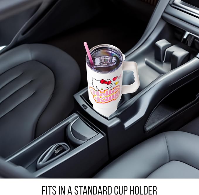 Silver Buffalo Sanrio Hello Kitty Name and Hearts Double Walled Stainless Steel Tumbler with Handle and Straw, Fits in Standard Cup Holder, 40 Ounces - Image 6