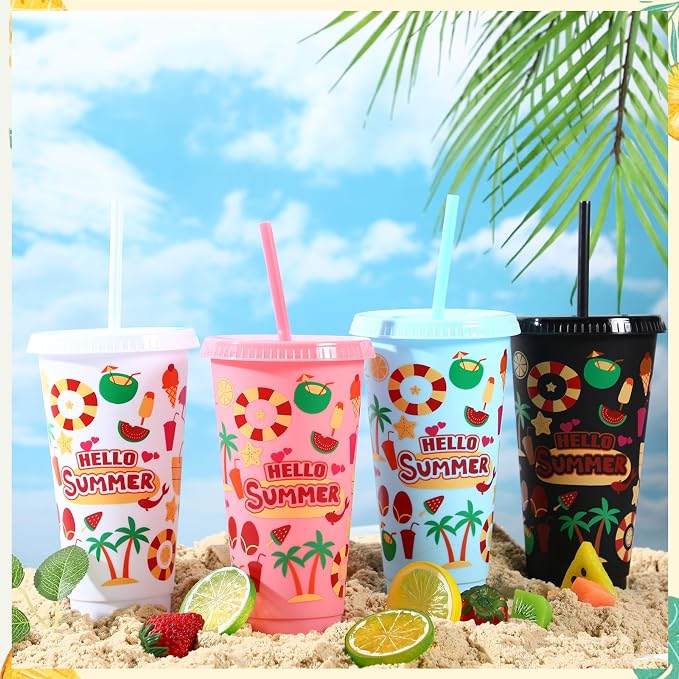 Honeydak 40 Pcs 24 OZ Tumbler with Straw and Lid Gifts Reusable Plastic Cups Bulk Water Bottle Iced Coffee Travel Mug Cup for Parties Birthdays (Hello Summer) - Image 5