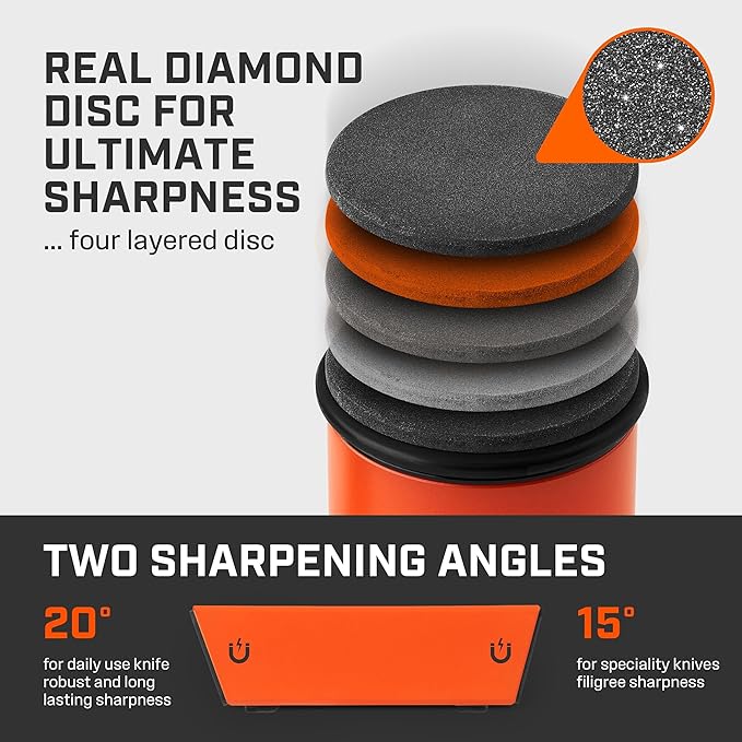 TUMBLER Pro Rolling Knife Sharpener™ - Knife Sharpening Made Easy - Ultimate Gift for Father's Day - Kit with Removable Disc System - 4-Layer Diamond Sharpening Disc & EdgeBoost Ceramic Disc (Orange) - Image 4