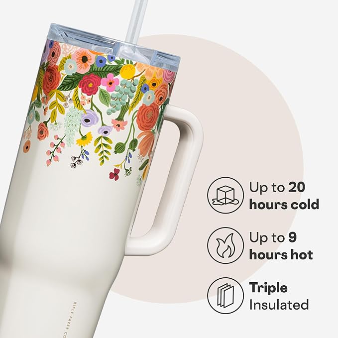 Corkcicle x Rifle Paper Co. Cruiser Insulated Tumbler with Handle & Straw - Keeps Drinks Cold 20 Hours - BPA-Free - Gift for Mom - Great for Mother's Day or Christmas - 40 oz - Garden Party Cream - Image 3