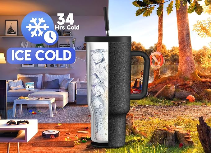 Meoky 40oz Tumbler with Handle, Leak-proof Lid and Straw, Insulated Coffee Mug Stainless Steel Travel Mug, Keeps Cold for 34 Hours or Hot for 10 Hours (Night) - Image 2