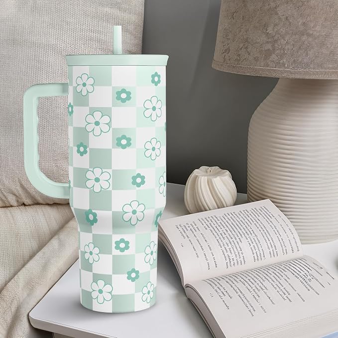 SANDJEST 40oz Daisy Flower Tumbler with Handle and Straw - Insulated Stainless Steel Coffee Travel Mug for Women Girls, Floral Gift Idea for Birthday Christmas - Image 6