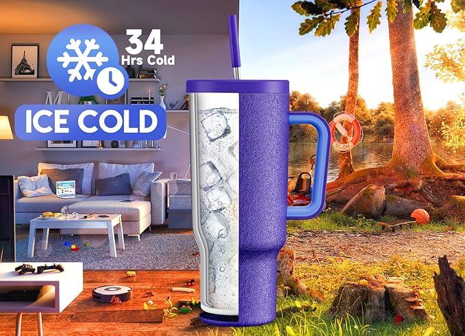 Meoky 40oz Tumbler with Handle, Leak-proof Lid and Straw, Insulated Coffee Mug Stainless Steel Travel Mug, Keeps Cold for 34 Hours or Hot for 10 Hours (Offshore) - Image 2