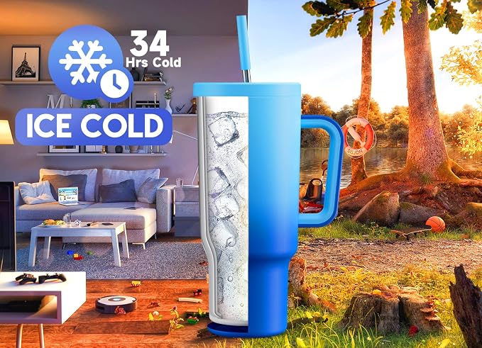 Meoky 40oz Tumbler with Handle, Leak-proof Lid and Straw, Insulated Coffee Mug Stainless Steel Travel Mug, Keeps Cold for 34 Hours or Hot for 10 Hours (Sky) - Image 2