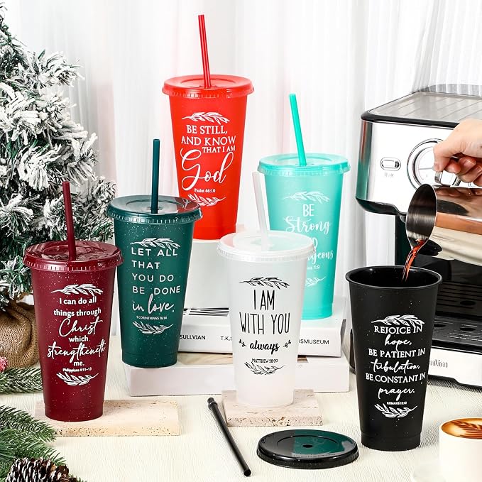 Havawish 24 Pcs Mothers Day Christian Tumbler Gift Bulk Religious Inspirational 24 oz Drinking Jesus Cup with Lid Straw Bible Verse Plastic Cup for Church Father Teacher First Communion (Joyous Color) - Image 3