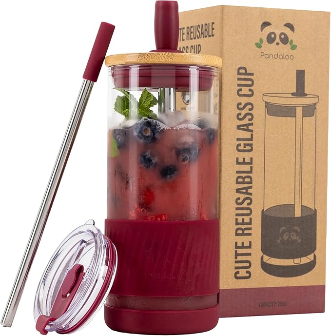 Pandaloo® Glass Cups With Lids and Straws -20 Fl Oz- Perfect Size Iced Coffee Cup - Smoothie Cup With Bamboo Lid and On the go Lid - Glass Tumbler With Straw (1 Count (Pack of 1), Boysenberry) by Pandaloo