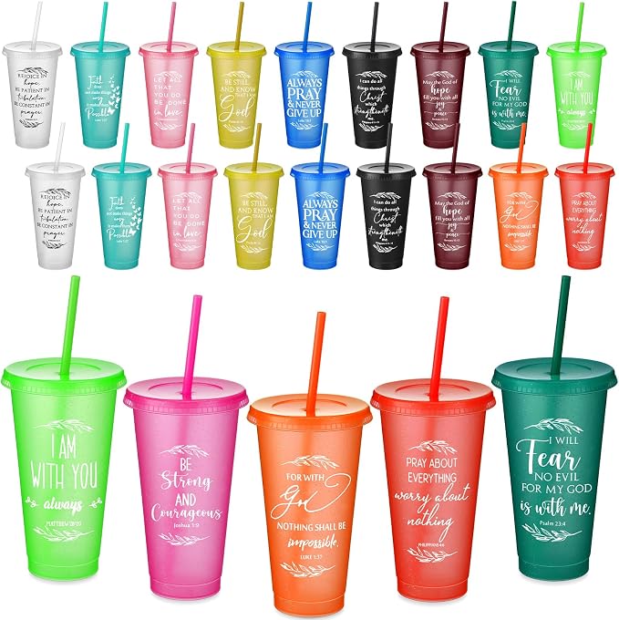 Havawish 24 Pcs Mothers Day Christian Tumbler Gift Bulk Religious Inspirational 24 oz Drinking Jesus Cup with Lid Straw Bible Verse Plastic Cup for Church Father Teacher First Communion (Colour) by Havawish
