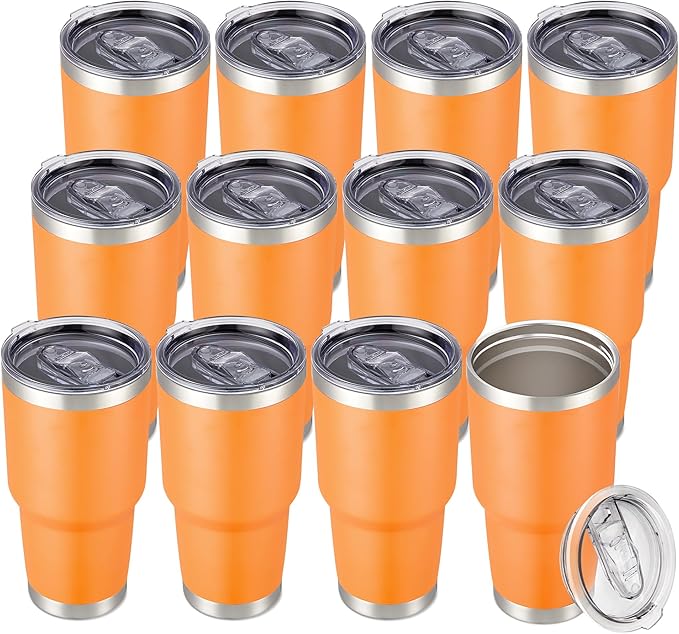 30 oz Tumbler with Lid Stainless Steel Tumblers Bulk Vacuum Insulated Cup Reusable Powder Coated Travel Mug Double Wall Leak Proof Cups Keep Cold Drinks for 12 Hours Orange, Set of 12 by CoolYoleb