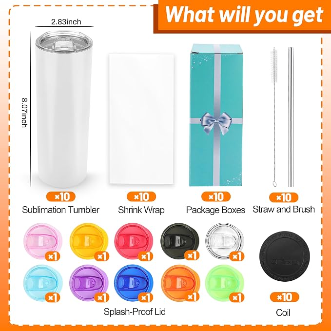 Joyclub 20oz Sublimation Tumblers Sublimation Cups with Straw for Heat Press Flat Edge Skinny Straight SublimationTumbler Colorfull Lids 10 pack - Image 3