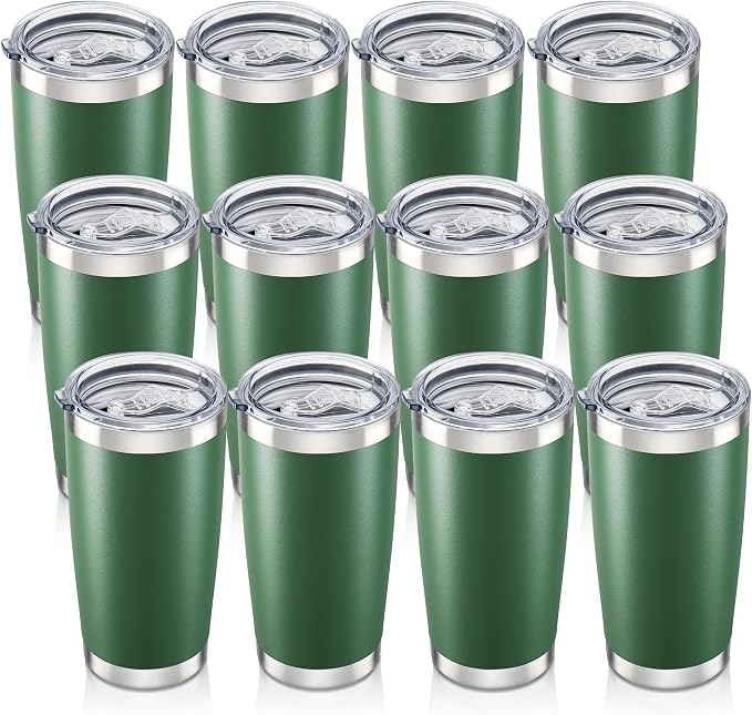 20 oz Tumbler with Lid Stainless Steel Insulated Tumblers Bulk Double Wall Vacuum Cups Powder Coated Travel Mug Keep Drinks Cold and Hot, Dark Green, 12 Pack by Orebigo