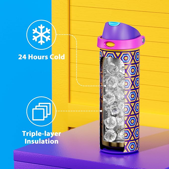 24 oz Insulated Water Bottle for Women: Meoky Stainless Steel Water Bottle with Holder and Shoulder Strap - Leak Proof, Cold for 24 Hours, Protective Silicone Base, BPA-Free for Travel Gym, Neon Beat - Image 4
