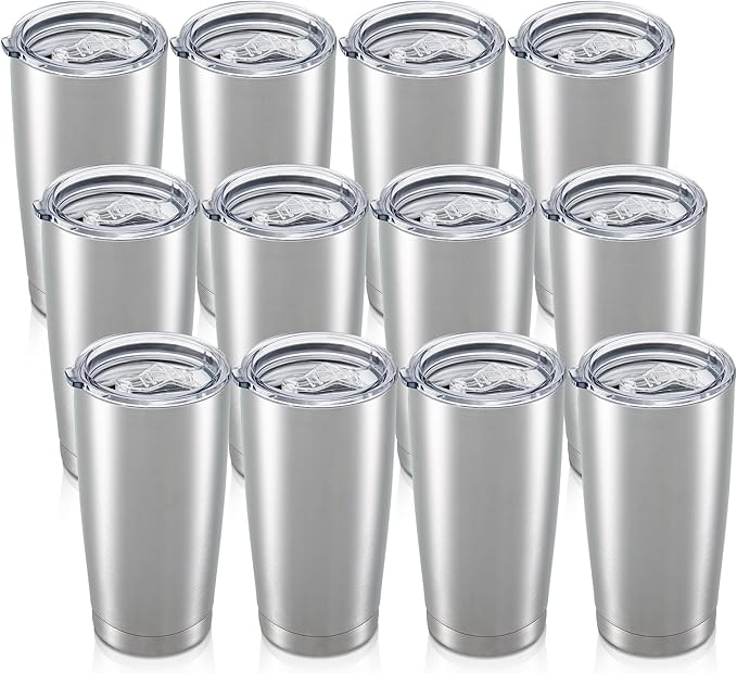 20 oz Tumbler with Lid Stainless Steel Insulated Tumblers Bulk Double Wall Vacuum Cups Powder Coated Travel Mug Keep Drinks Cold and Hot, Stainless Steel, 12 Pack by Orebigo
