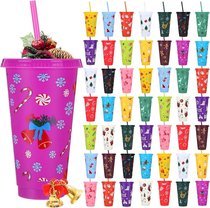 Honeydak 50 Pcs 24oz Christmas Cup Bulk Gift Tumbler with Straw and Lid Coffee Cups with Lids Holiday Gifts Bulk Reusable Plastic Water Bottle Iced Coffee Travel Mug for Party Birthdays by Honeydak