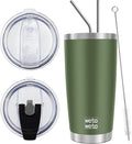 WETOWETO 20oz Insulated Stainless Steel Tumbler, Coffee Tumbler with 2 Lids and 2 Straws, Double Wall Vacuum Travel Coffee Mug, Powder Coated Leak-Proof Cup for Travel (Army Green, 1 Pack) by Wetoweto