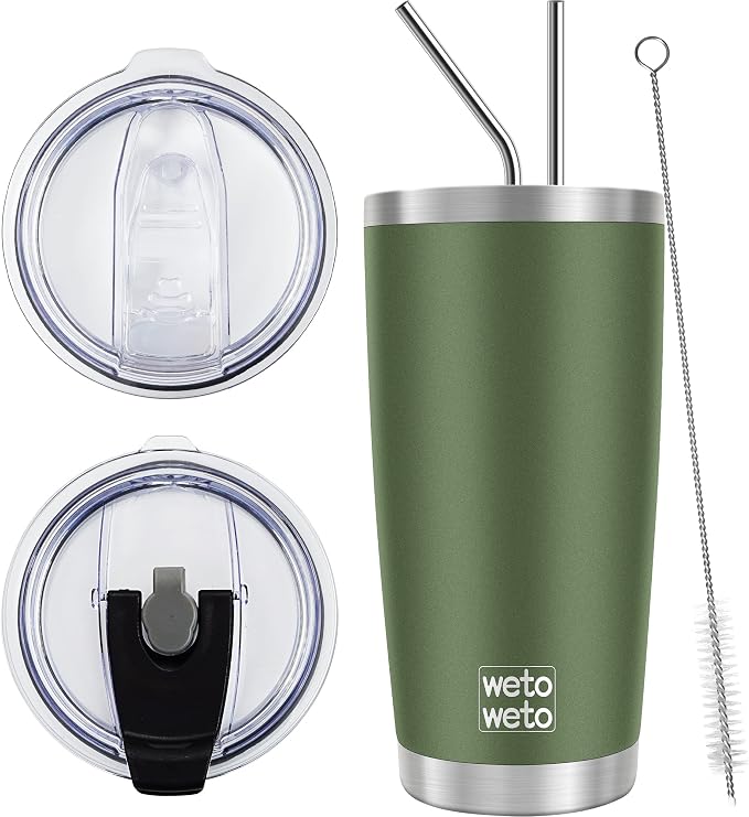WETOWETO 20oz Insulated Stainless Steel Tumbler, Coffee Tumbler with 2 Lids and 2 Straws, Double Wall Vacuum Travel Coffee Mug, Powder Coated Leak-Proof Cup for Travel (Army Green, 1 Pack) by Wetoweto