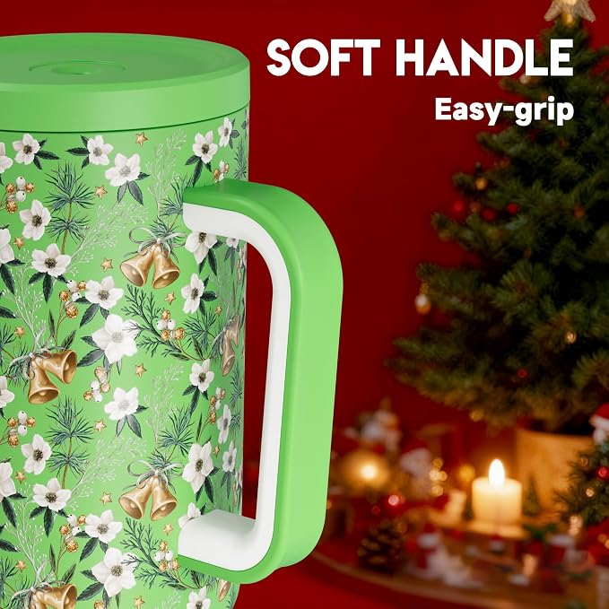 Meoky 40 oz Christmas Tumbler with Handle and Straw, Xmas Tumbler with Lid and Straw, Insulated Stainless Steel Travel Mug, Christmas Gifts for Women Men Adults (Jingle Bloom) - Image 5