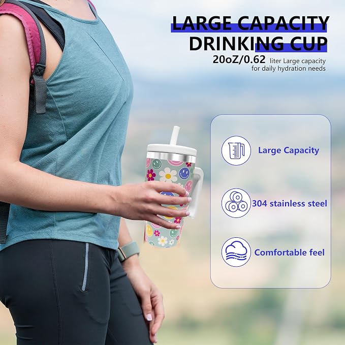20-OZ Insulated Water Bottle,Insulated Stainless Steel Tumbler,Reusable Cold Drink Thermos,BPA-Free, Double-Wall Stainless Steel Water Bottle (Green-Simleyface Flower, 20, Fluid Ounces) - Image 4