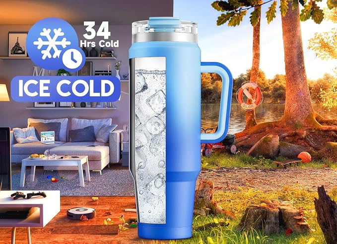 Meoky 40 oz Tumbler with Handle and Straw, Insulated Tumbler with Lid and Straw, Stainless Steel Travel Mug, Keeps Cold for 34 Hours, 100% Leak Proof, Fits in Car Cup Holder (Sky) - Image 2