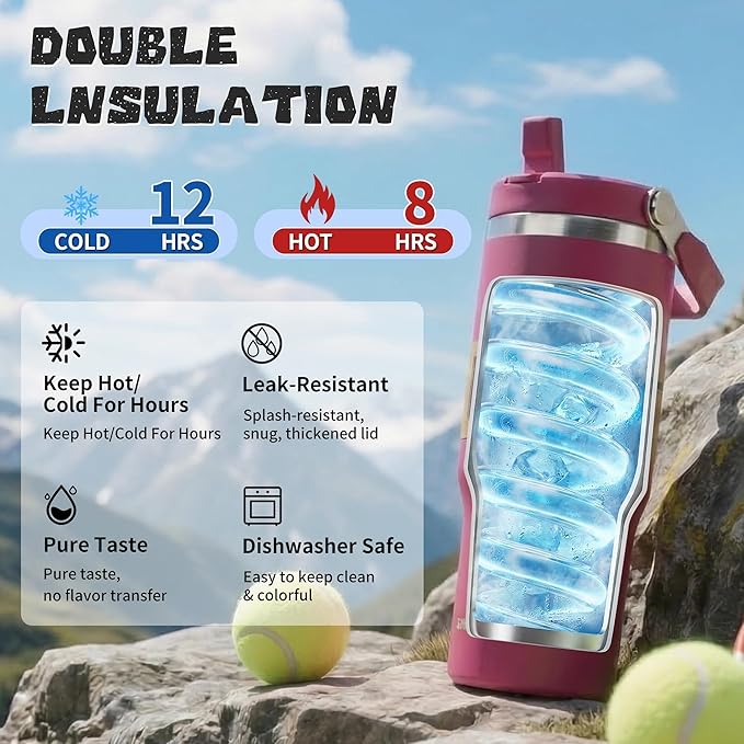 30oz Flip Straw Insulated Water Bottle with Handle, Leak Proof Stainless Steel Travel Tumbler With Lid, Double Wall Vacuum Iced Coffee Travel Mug, Sport Cup, Outside use - Image 3