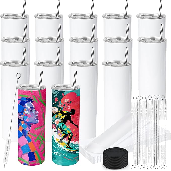 Joyclub 16 Pack Sublimation Tumblers Blanks 20 oz Flat Edge Skinny Straight Sublimation Cups With Lids and Straws for Heat Press No Gift Boxes by Joyclub