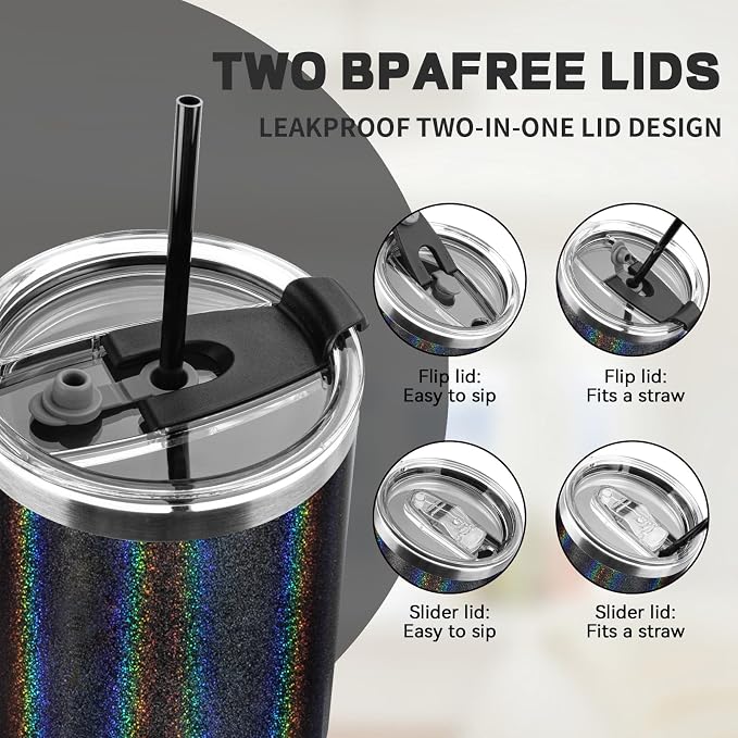 30 oz Tumbler with Lids and Straws, Stainless Steel Insulated Coffee Tumbler, Double Wall Vacuum Insulated Travel Mug Cup, Leakproof Thermal Coffee Cup for Hot and Cold Drinks (Glitter Black) - Image 5