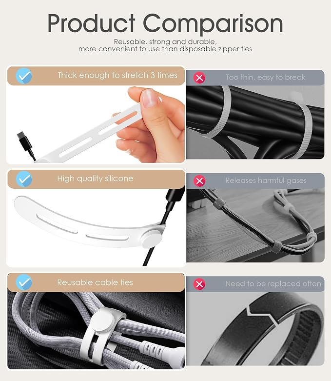 40Pcs Nearockle Reusable Cable Ties, Adjustable Silicone Cord Organizer Small - Image 4