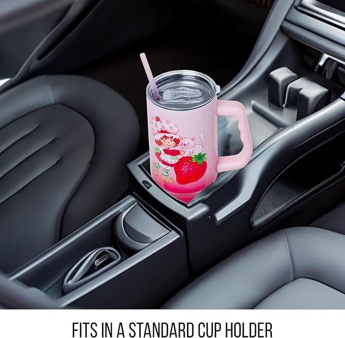 Silver Buffalo Strawberry Shortcake and Custard Vintage Berry Ombre Double Walled Stainless Steel Tumbler with Handle and Straw, Fits in Standard Cup Holder, 40 Ounces - Image 6