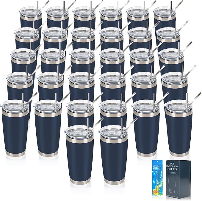 IEOVIEE 32 Pack, 20oz Stainless Steel Bulk Tumblers with Lids and Straws, Double Wall Insulated Travel Coffee Mug, Durable Powder Coated Tumbler Bulk Cup for Cold and Hot Drinks (Navy Blue) by IEVOIEE
