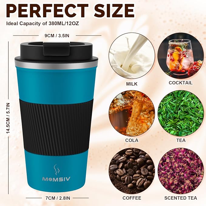 MOMSIV 12oz Travel Mug, Insulated Coffee Cup with Leakproof Lid, Vacuum Stainless Steel Double Walled Reusable Tumbler for Hot and Cold Water Coffee and Tea In Travel and Car - Image 2