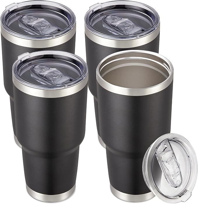 30 oz Tumbler with Lid Stainless Steel Tumblers Bulk Vacuum Insulated Cup Reusable Powder Coated Travel Mug Double Wall Leak Proof Cups Keep Cold Drinks for 12 Hours Black, Set of 4 by CoolYoleb