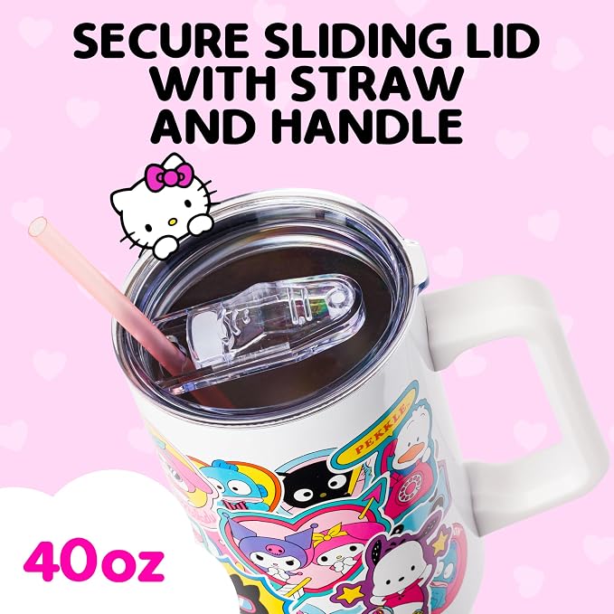 Silver Buffalo Sanrio Hello Kitty & Friends Cinnamoroll, Kuromi, Chococat, Badtz-Maru, Keroppi, Sticker Double Walled Stainless Steel Tumbler w Handle and Straw, Fits in Standard Cup Holder, 40 Ounces - Image 4