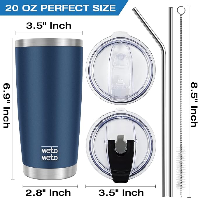 WETOWETO 20oz Tumbler with 2 lids and 2 straws, Stainless Steel Vacuum Insulated Water Coffee Tumbler Cup, Double Wall Powder Coated Spill-Proof Travel Mug Thermal Cup (Navy Blue, 1 Pack) - Image 3