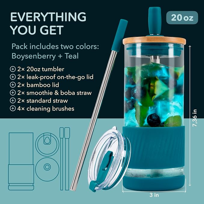 Pandaloo® Glass Cups With Lids and Straws -20 Fl Oz- Perfect Size Iced Coffee Cup - Smoothie Cup With Bamboo Lid and On the go Lid - Glass Tumbler (2 Count (Pack of 1), Boysenberry-Intense Teal) - Image 2