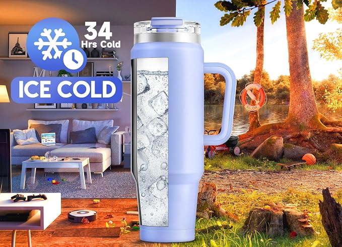 Meoky 40 oz Tumbler with Handle and Straw, Insulated Tumbler with Lid and Straw, Stainless Steel Travel Mug, Keeps Cold for 34 Hours, 100% Leak Proof, Fits in Car Cup Holder (Lilac) - Image 2
